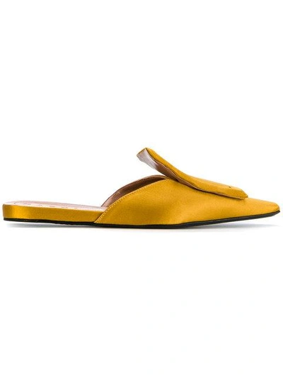 Shop Marni Satin Buckle Mules In Yellow