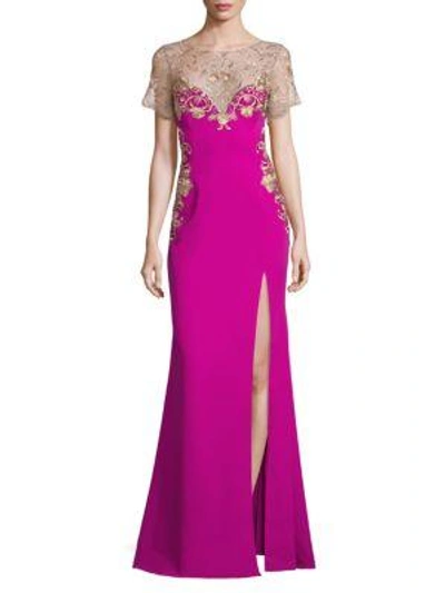 Marchesa High Slit Embroidered Gown In Magenta