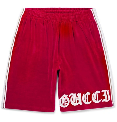 Shop Gucci Embroidered Cotton-blend Velvet Drawstring Shorts In Red