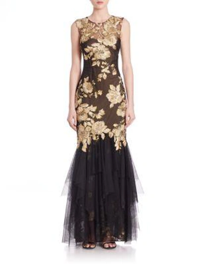 Marchesa Embroidered Ruffle Flare Gown In Black Multicolor