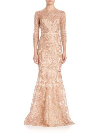 Marchesa Embroidered Overlay Gown In Blush