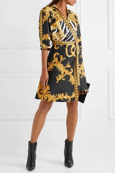 Versace Wrap-effect Printed Silk-twill Mini Dress In Black/gold | ModeSens
