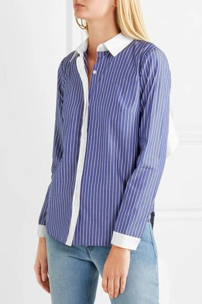 Shop Sandy Liang Enzo Open-back Ruffled Striped Cotton-poplin Shirt In Blue