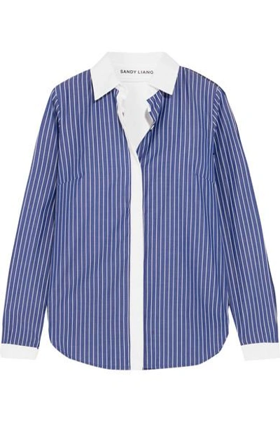 Shop Sandy Liang Enzo Open-back Ruffled Striped Cotton-poplin Shirt In Blue