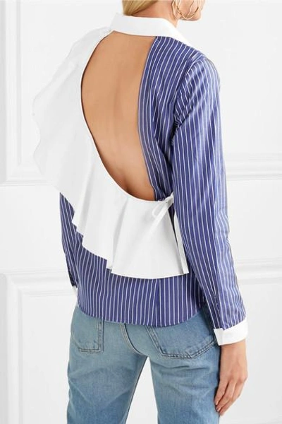 Shop Sandy Liang Enzo Open-back Ruffled Striped Cotton-poplin Shirt In Blue