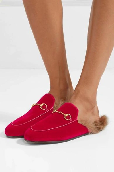 Shop Gucci Princetown Horsebit-detailed Shearling-lined Velvet Slippers In Claret