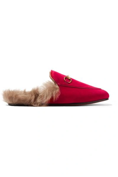 Shop Gucci Princetown Horsebit-detailed Shearling-lined Velvet Slippers In Claret