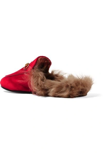 Shop Gucci Princetown Horsebit-detailed Shearling-lined Velvet Slippers In Claret