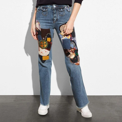 Shop Coach Patched Jeans In Blue Denim