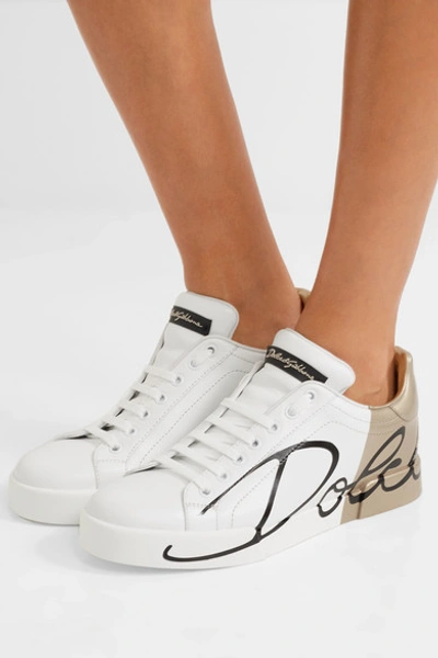 Shop Dolce & Gabbana Logo-painted Leather Sneakers