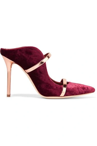 Shop Malone Souliers Maureen Metallic Leather-trimmed Velvet Mules