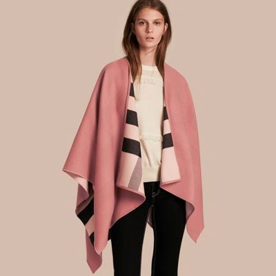 Burberry Reversible Check Merino Wool Poncho In Ash Rose