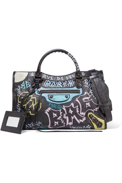 Shop Balenciaga Classic City Printed Textured-leather Tote In Black