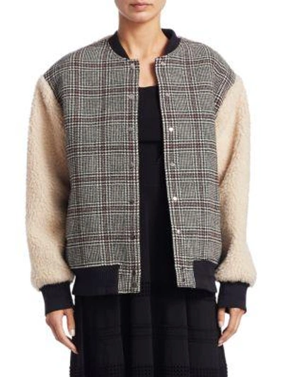 Shop Carven Plaid Wool & Faux Shearling Varisty Jacket In Multi