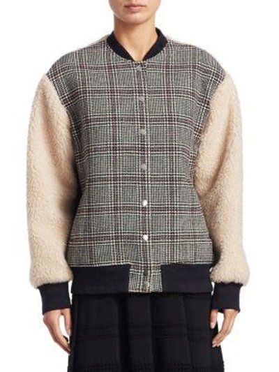 Shop Carven Plaid Wool & Faux Shearling Varisty Jacket In Multi