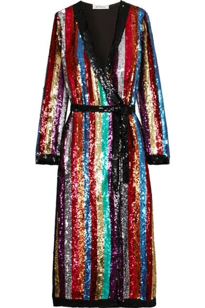 Shop Attico Grace Striped Sequined Georgette Wrap Dress