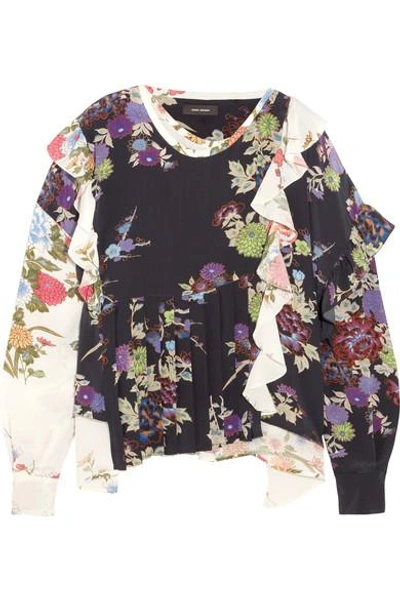 Shop Isabel Marant Inny Pleated Floral-print Silk Crepe De Chine Wrap Blouse In Black