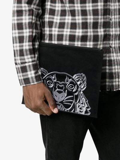 Shop Kenzo Tiger Embroidered Pouch Bag In 99 Noir