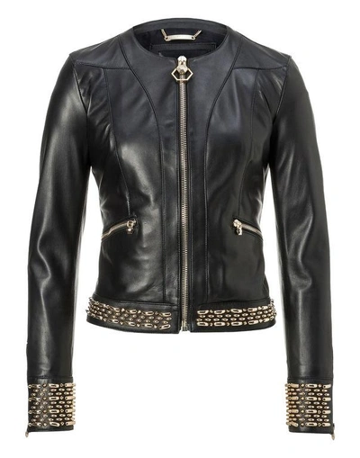 Shop Philipp Plein Leather Jacket "bleecker Street" In Black