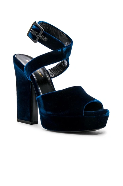 Shop Saint Laurent Velvet Debbie Platform Sandals In Blue