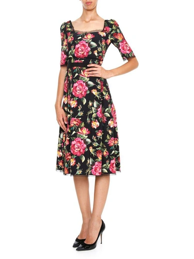 Shop Dolce & Gabbana Rose Print Dress In Rose Fondo Nero|giallo