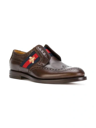 Shop Gucci Bee Gg Web Trim Brogues In Brown