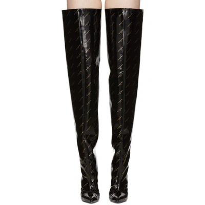 Shop Balenciaga Black Patent All Over Logo Heeled Over-the-knee Boots
