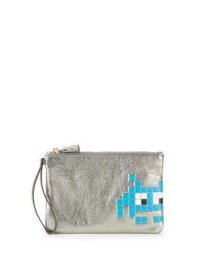 Anya Hindmarch Space Invaders Robot Leather Pouch In Silver