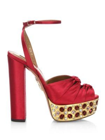 Shop Aquazzura Party Plateau Satin Platform Sandals In Spice Red