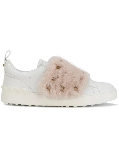 Shop Valentino White Pink Open Rockstud Fur Sneakers
