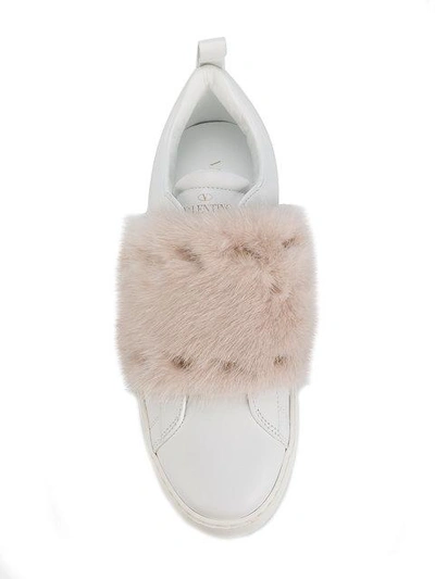 Shop Valentino White Pink Open Rockstud Fur Sneakers