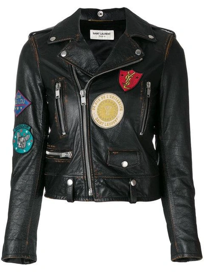 Shop Saint Laurent Patch Embroidered Leather Jacket In Black