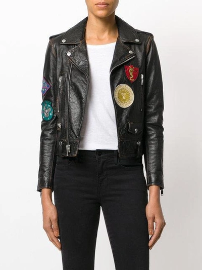 patch embroidered leather jacket
