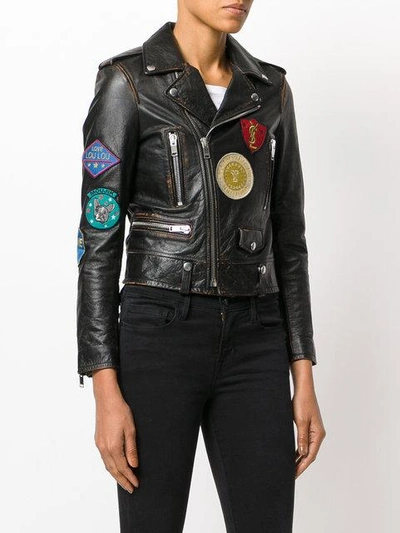 Shop Saint Laurent Patch Embroidered Leather Jacket In Black