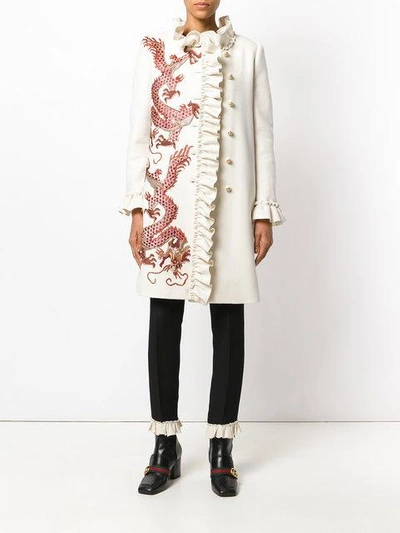 Shop Gucci Coat With Embroidered Dragons In Neutrals