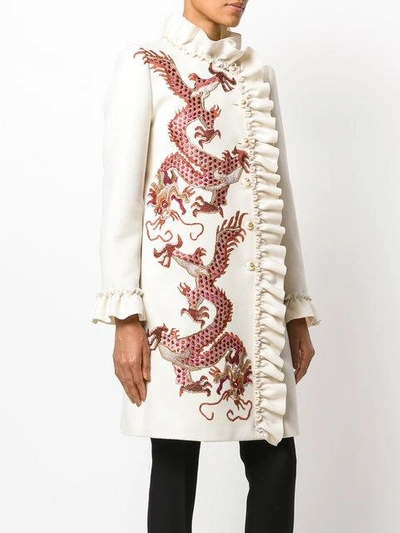 Shop Gucci Coat With Embroidered Dragons In Neutrals