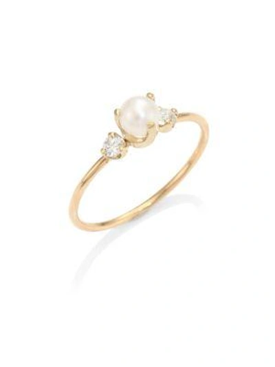 Shop Zoë Chicco Diamond & 4mm White Pearl Ring In Yellow Gold