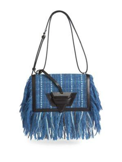 Shop Loewe Barcelona Fringe Tweed Shoulder Bag In Blue