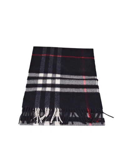 Burberry Fringed Checked Cashmere Scarf In Midnight Blue