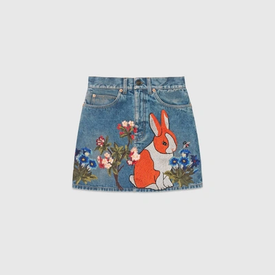 Gucci Bunny & Floral Patches Denim Mini Skirt In Denim, Blue