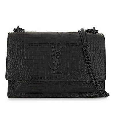 Shop Saint Laurent Monogram Sunset Medium Crocodile-embossed Leather Shoulder Bag In Black Silver