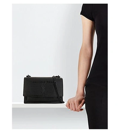 Shop Saint Laurent Monogram Sunset Medium Crocodile-embossed Leather Shoulder Bag In Black Silver