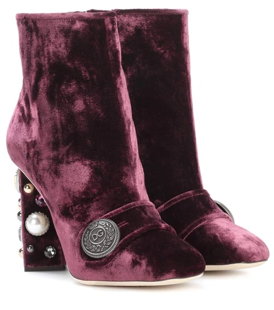 Dolce & Gabbana Embellished Velvet Ankle Boots In Purple