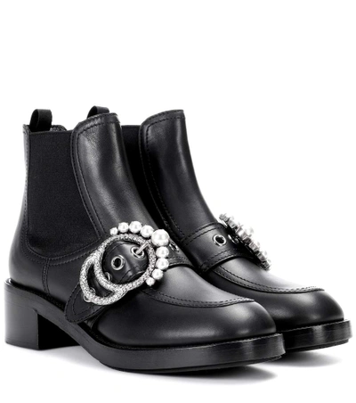 Miu Miu Faux Pearl-embellished Leather Ankle Boots In Black