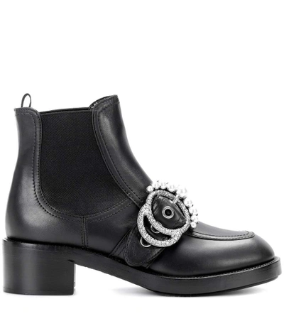 Shop Miu Miu Faux Pearl-embellished Leather Ankle Boots In Black