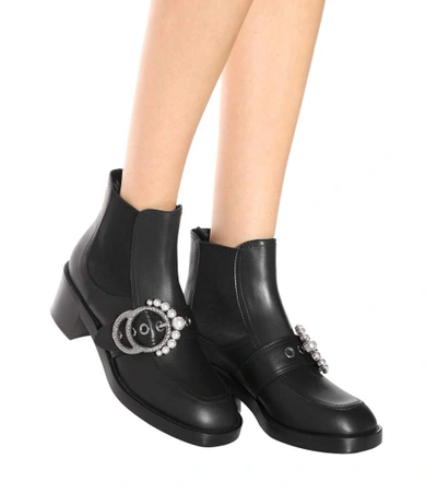 Shop Miu Miu Faux Pearl-embellished Leather Ankle Boots In Black