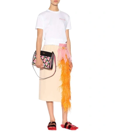 Shop Prada Feather-trimmed Crêpe Skirt In Neutrals