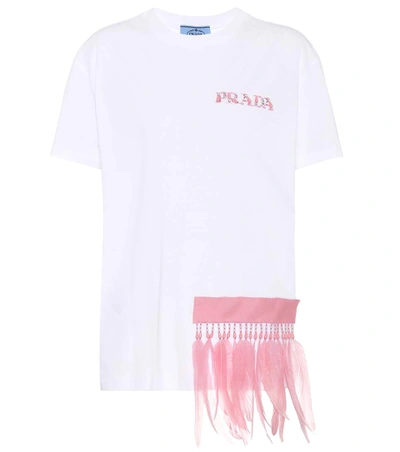 Shop Prada Feather-trimmed Cotton T-shirt In Liaeco