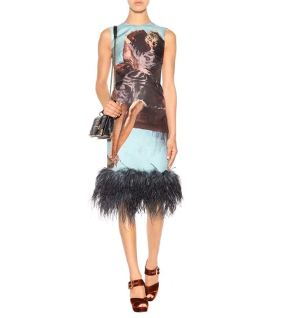 Shop Prada Sleeveless Fur-trimmed Dress In Eule