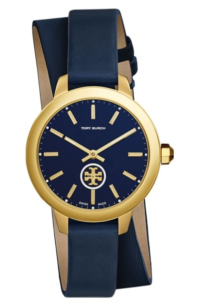 Shop Tory Burch Collins Double Wrap Leather Strap Watch, 38mm In Navy/ Gold